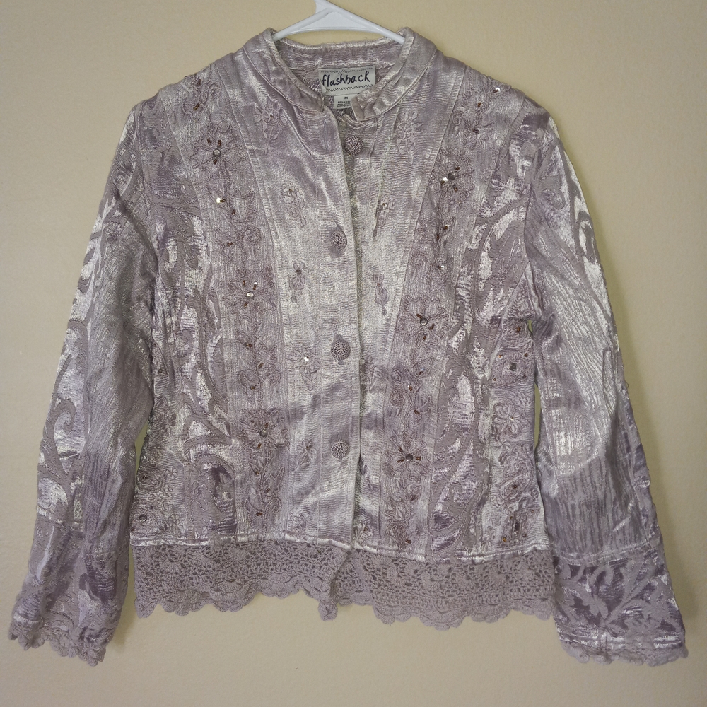 Elegant Lavender Metallic Brocade Jacket with Matching Buttons Women's M